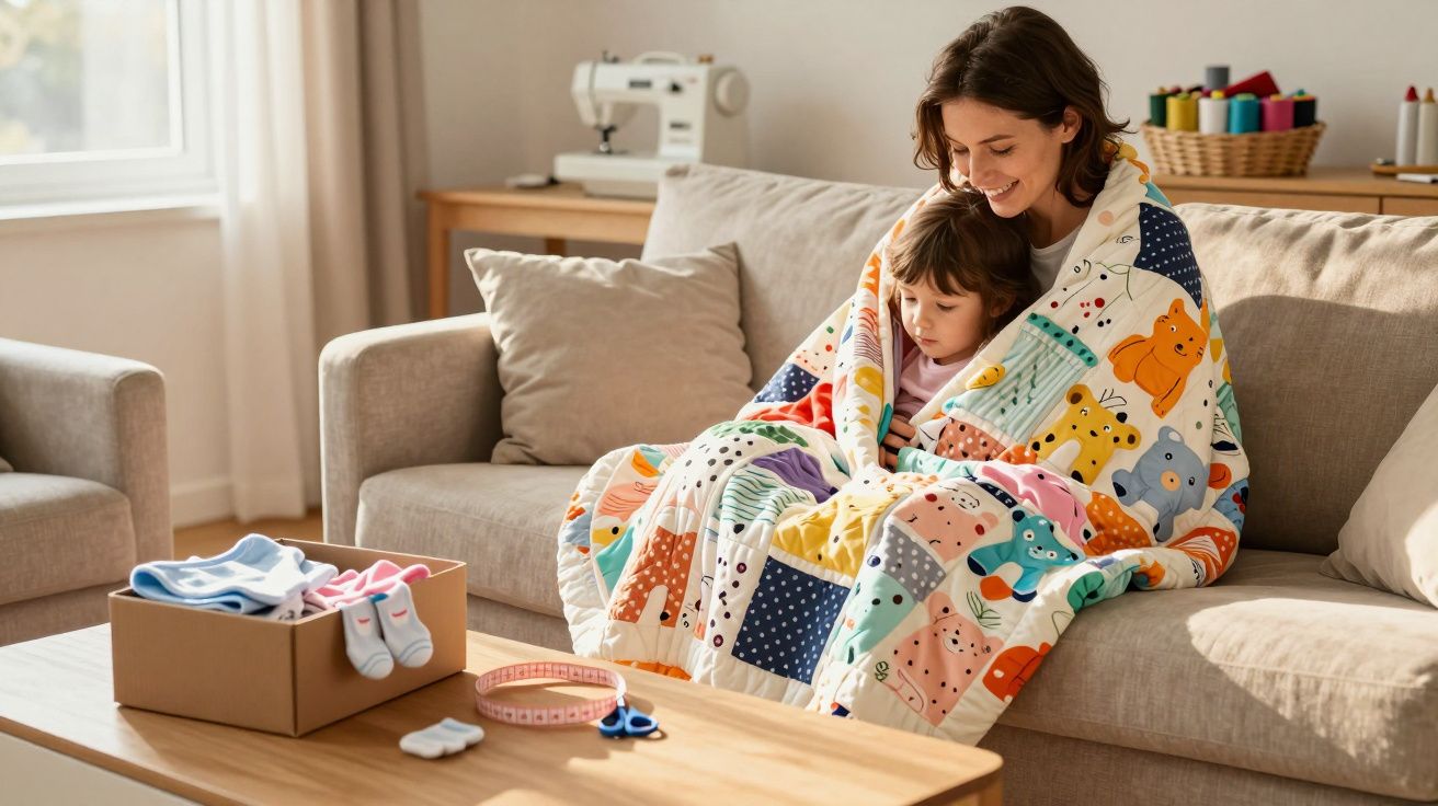 Mãe e filha abraçadas numa manta colorida sentadas num sofá numa sala iluminada e acolhedora.