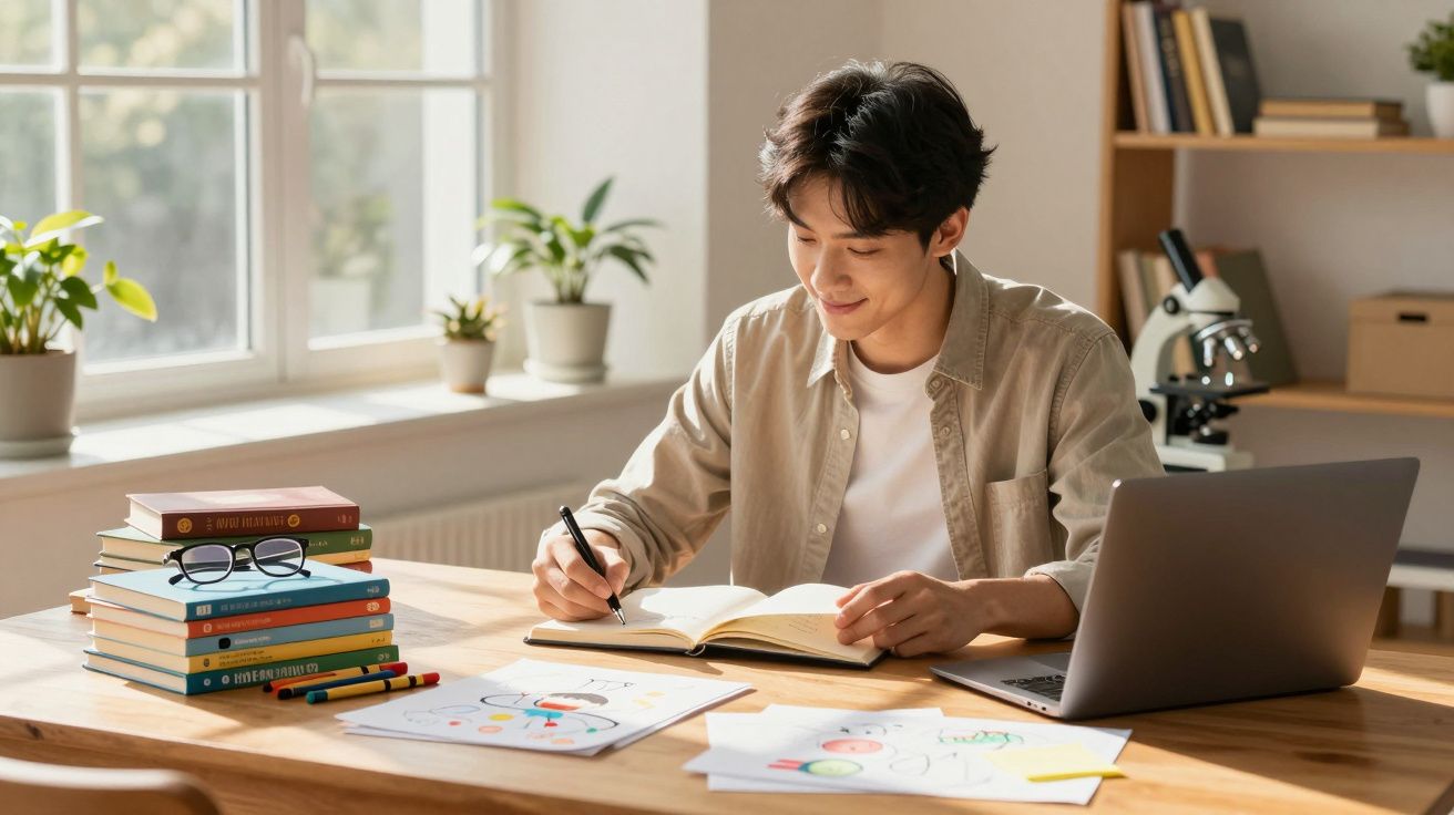 Jovem sentado à secretária, a estudar e a escrever num livro, com computador e livros ao seu redor iluminado pela luz natural