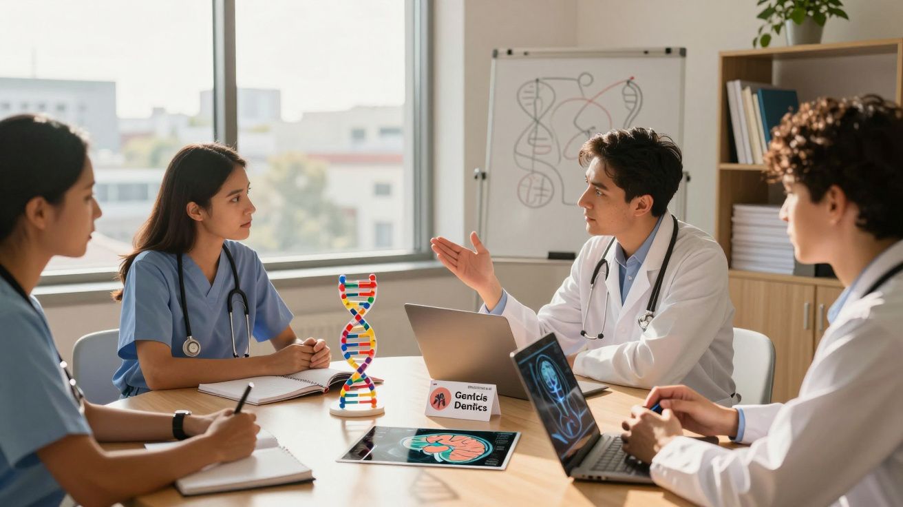 Quatro profissionais de saúde em reunião, com modelos de DNA e imagens médicas numa sala iluminada.