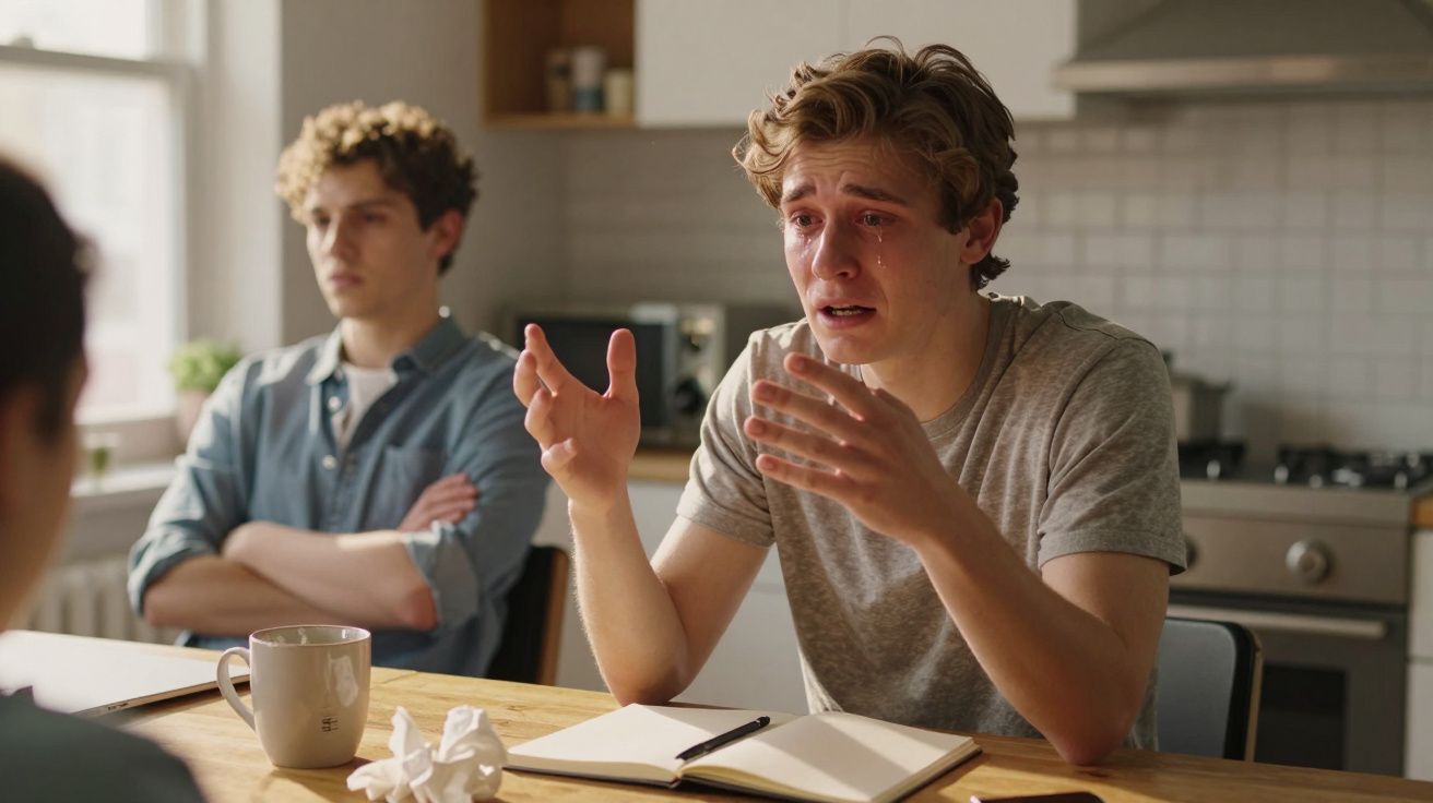 Jovem chorando e gesticulando em discussão, outro rapaz sentado ao fundo com expressão séria na cozinha.