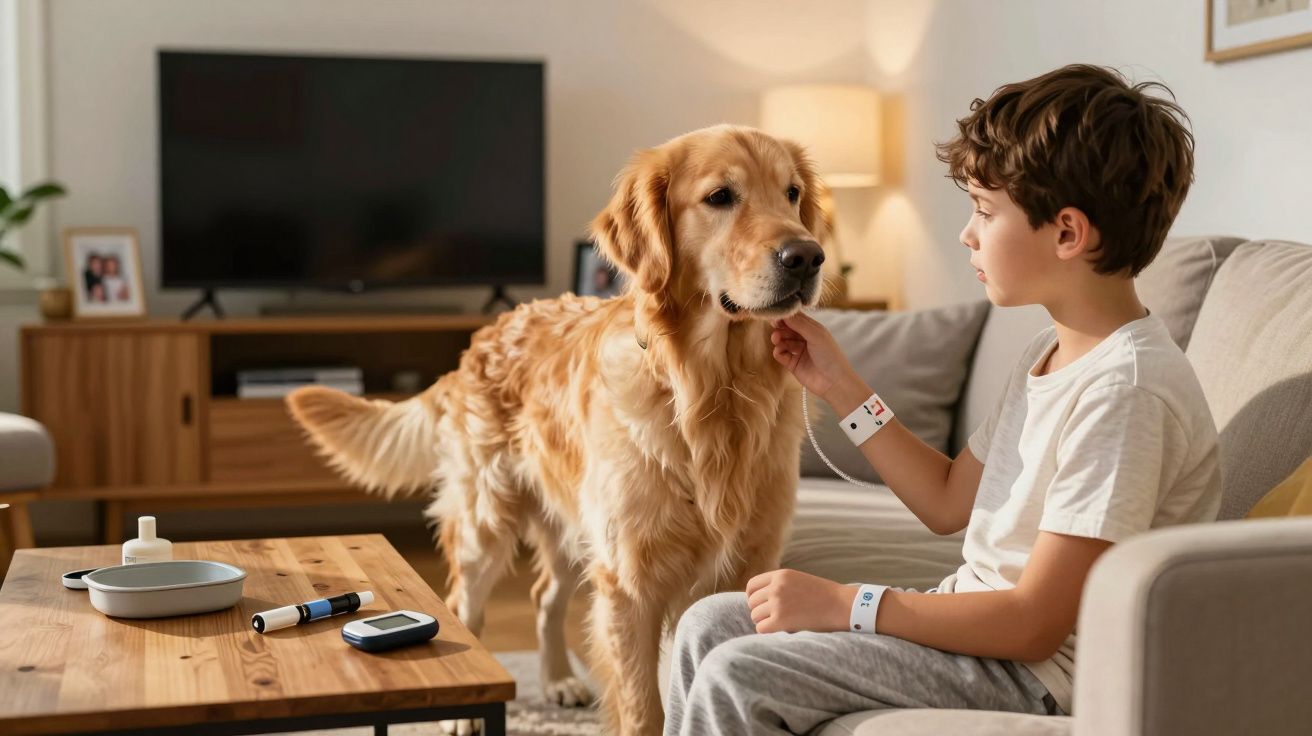 Criança sentada no sofá a acariciar um cão golden retriever numa sala de estar moderna.