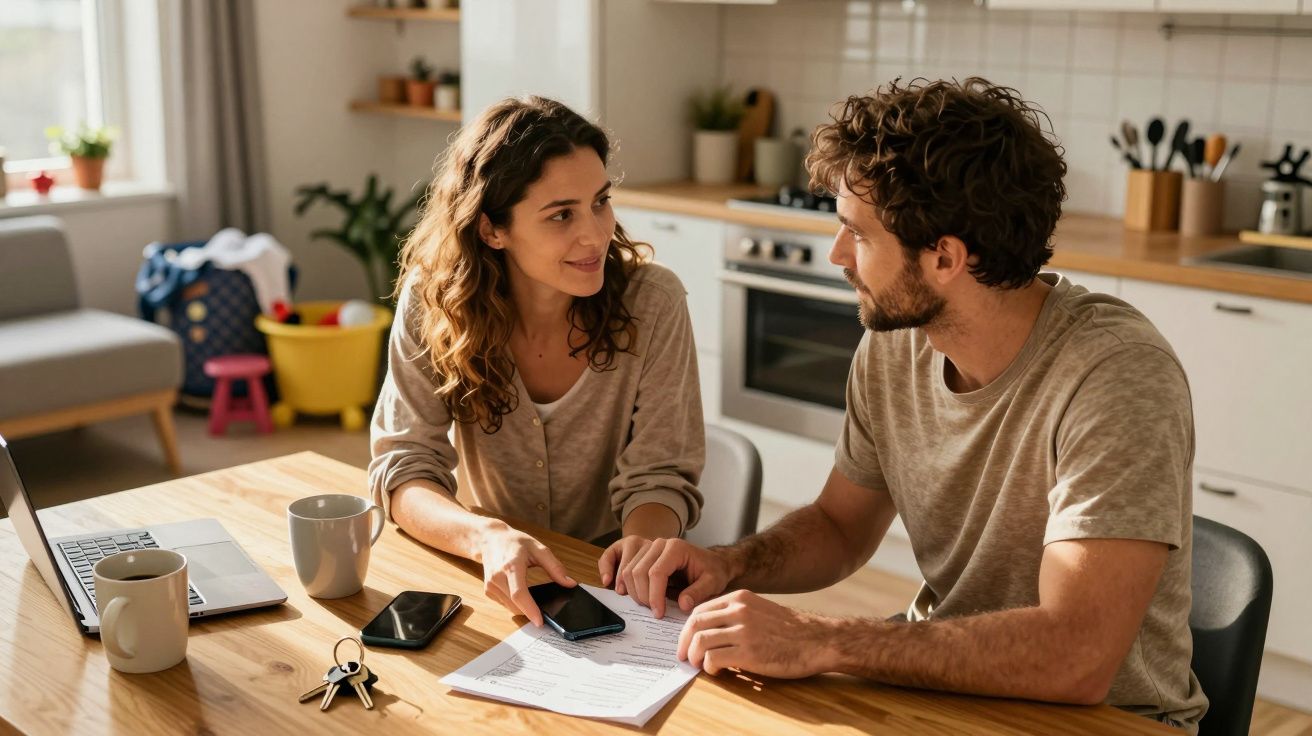 Casal conversa e analisa documentos numa cozinha moderna com laptop e telemóveis na mesa.