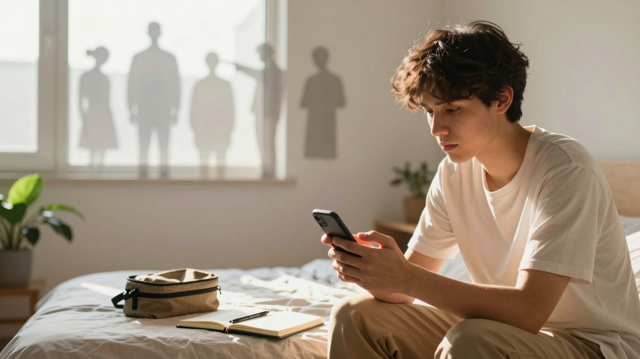Jovem sentado na cama a olhar para o telemóvel, sombras de quatro figuras na parede ao fundo.