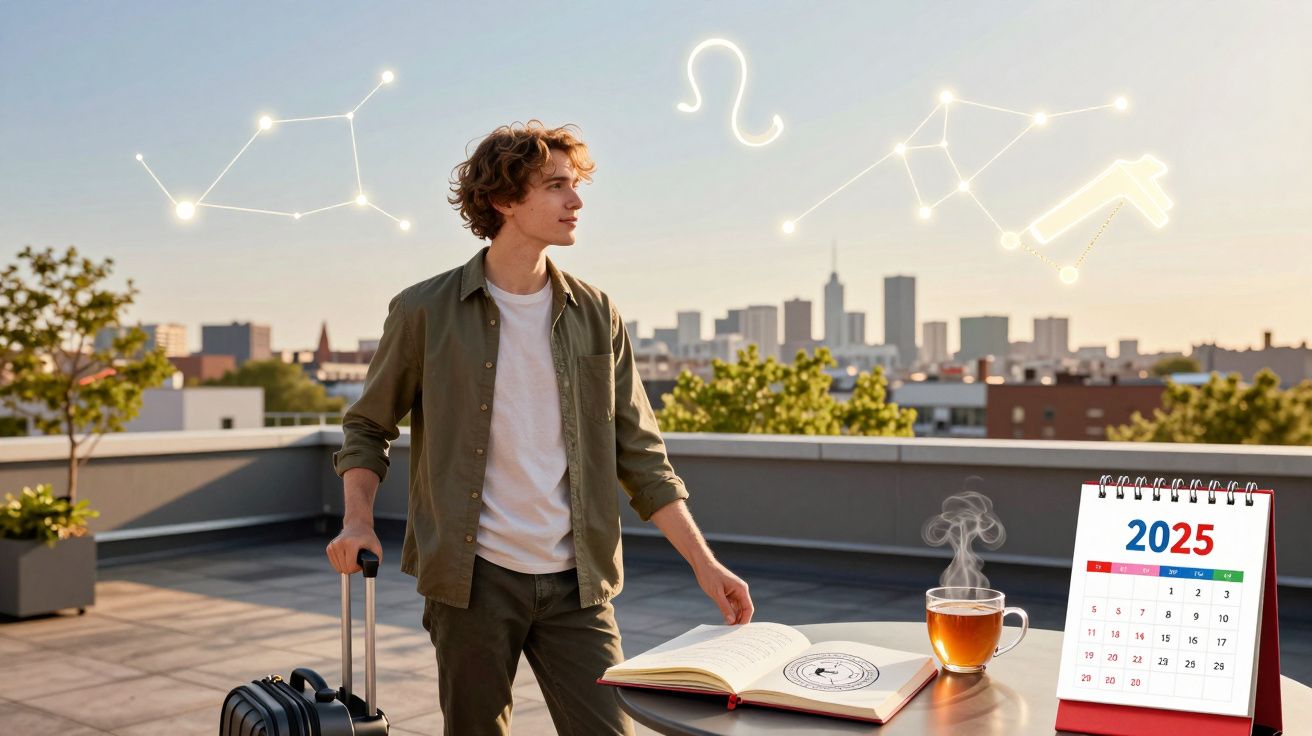 Jovem com mala observa constelações ao ar livre com calendário de 2025, chá e livro aberto numa mesa.