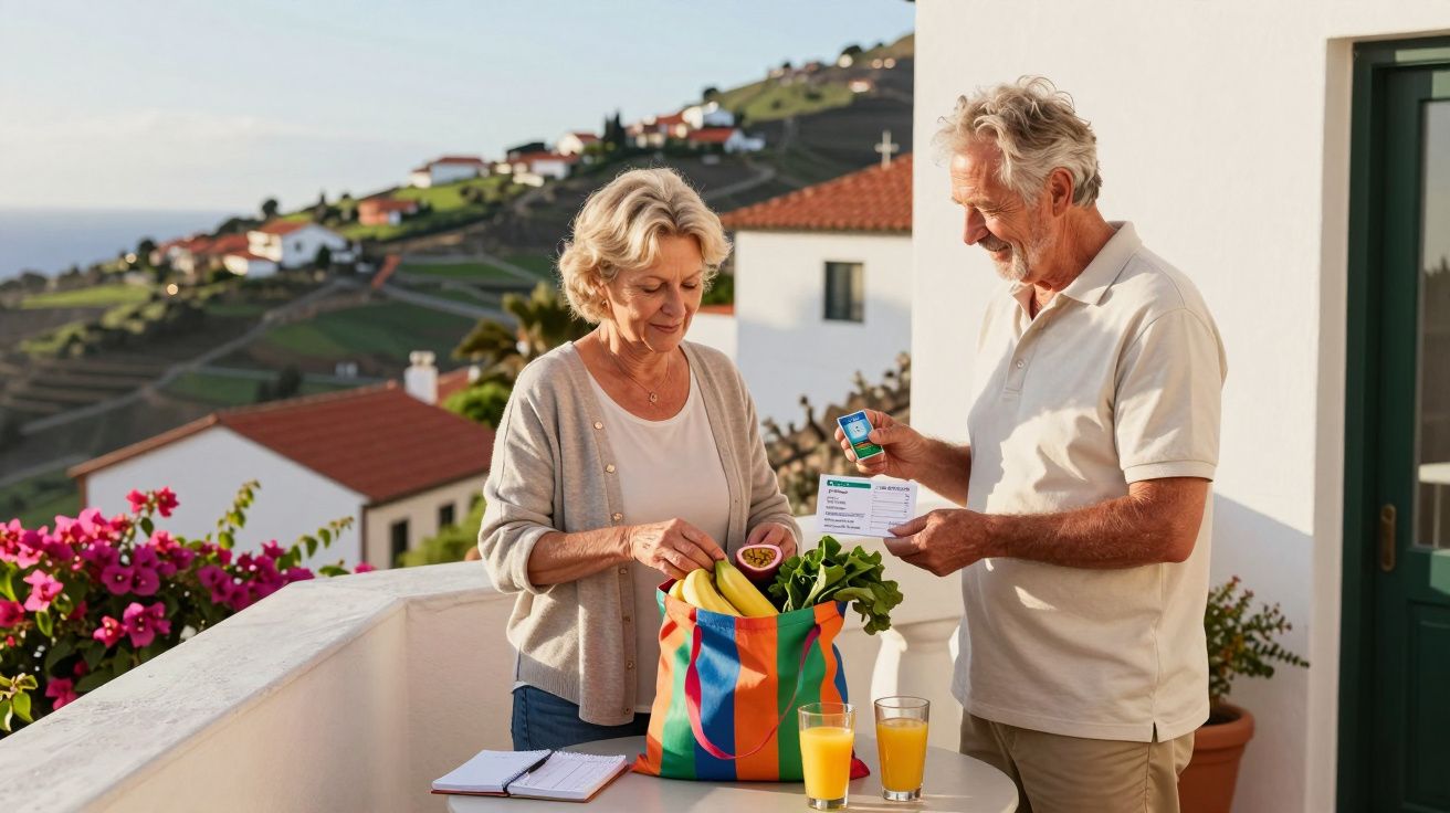 Casal sénior na varanda com saco de compras e medicamentos, paisagem rural ao fundo.