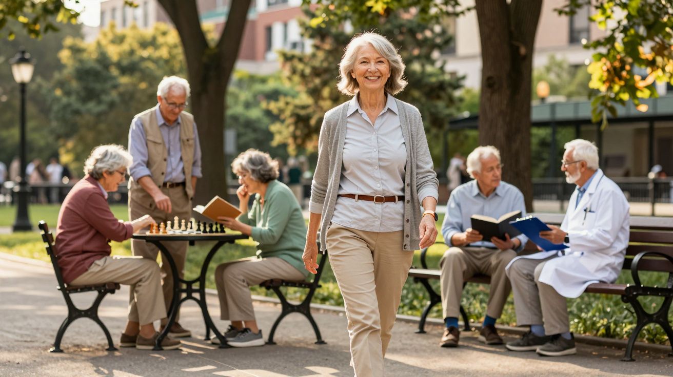 Mulher sénior sorridente a caminhar num parque, com grupos de idosos a jogar xadrez e a conversar ao fundo.