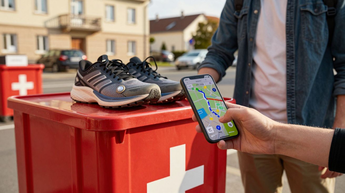 Ténis sobre contentor vermelho com cruz branca e pessoa a usar smartphone com mapa na rua.