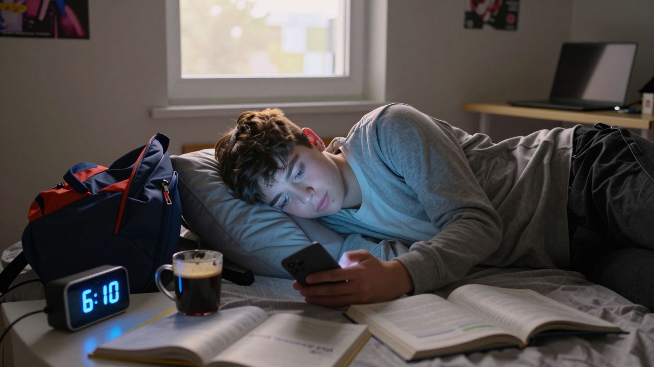 Jovem deitado na cama a olhar para o telemóvel, com livros abertos, mochila, relógio digital e café ao lado.