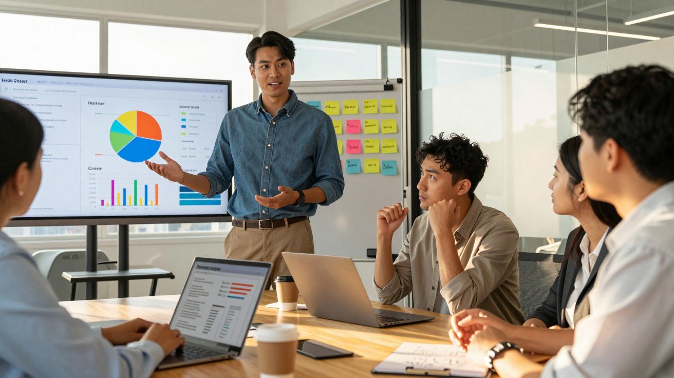 Homem apresenta gráficos e dados em reunião de equipa num escritório moderno e luminoso.