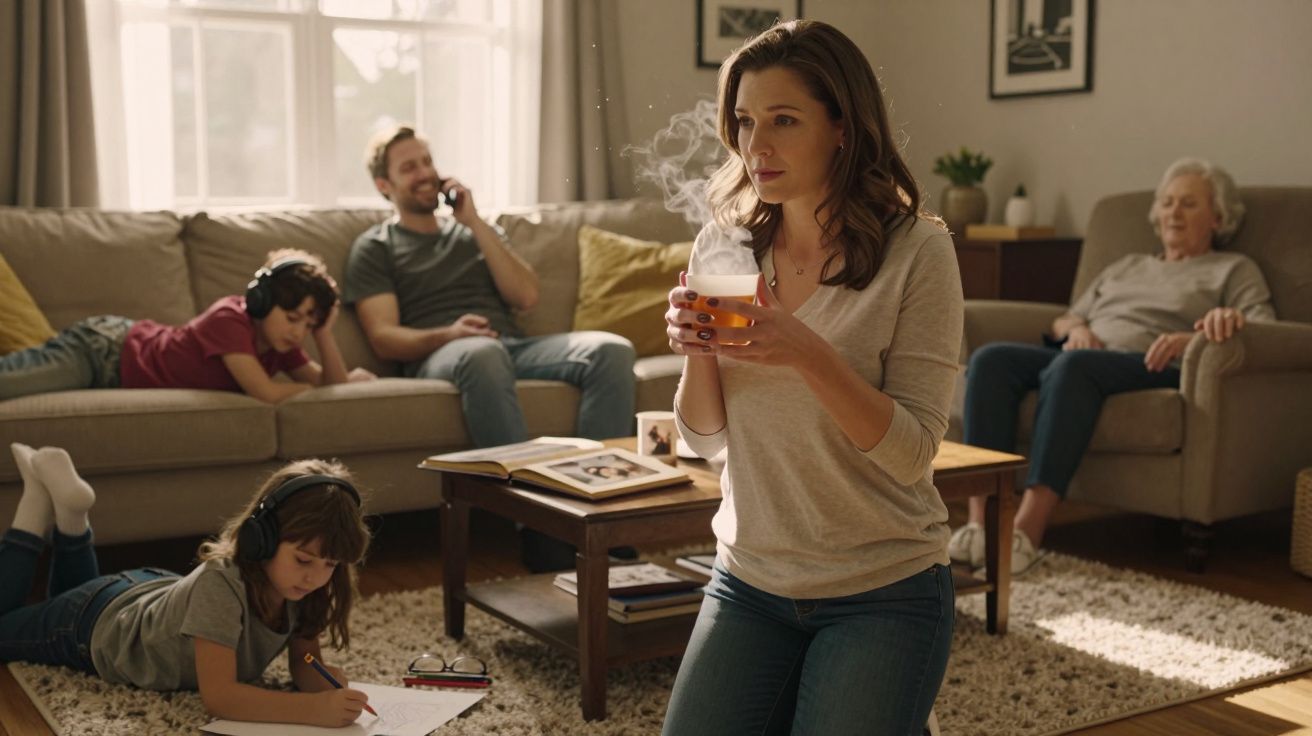 Mulher com chá quente de joelhos na sala com família ao fundo sentada no sofá e a relaxar.