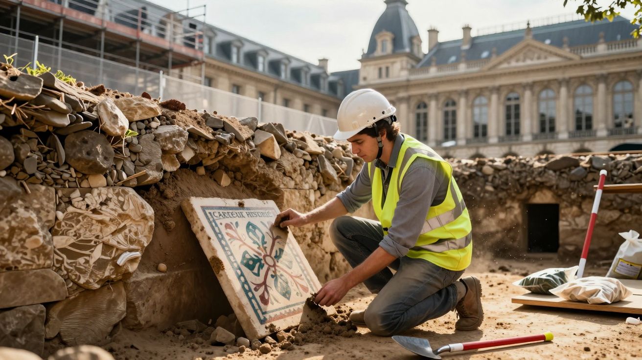 Arqueólogo a escavar e limpar um azulejo antigo num sítio arqueológico urbano.