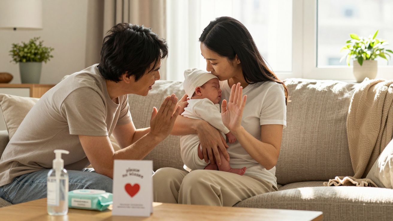Casal asiático feliz segurando bebé na sala iluminada, com fraldas, toalhitas e desinfetante na mesa à frente.
