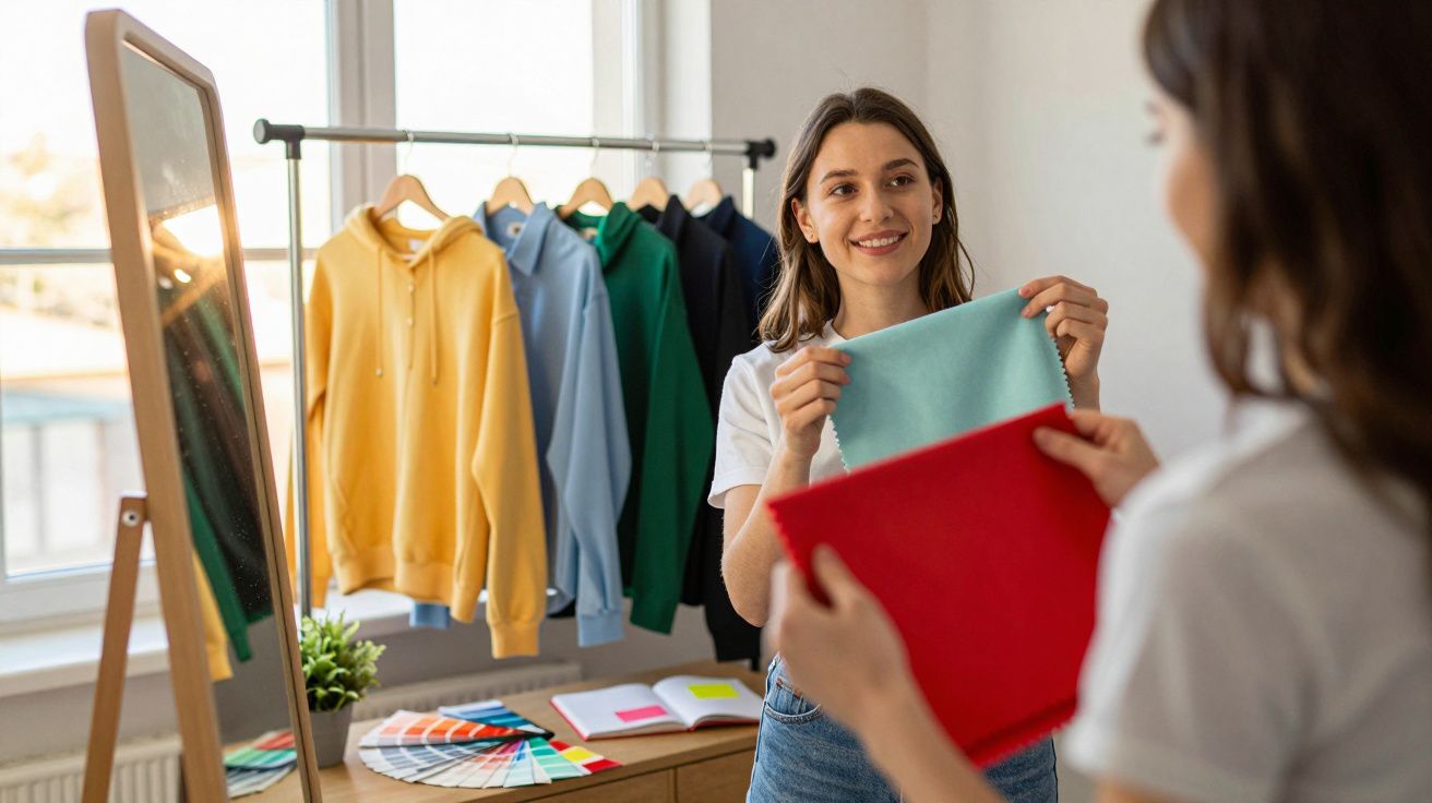 Mulher a escolher tecidos coloridos na frente do espelho num quarto bem iluminado com roupas penduradas.