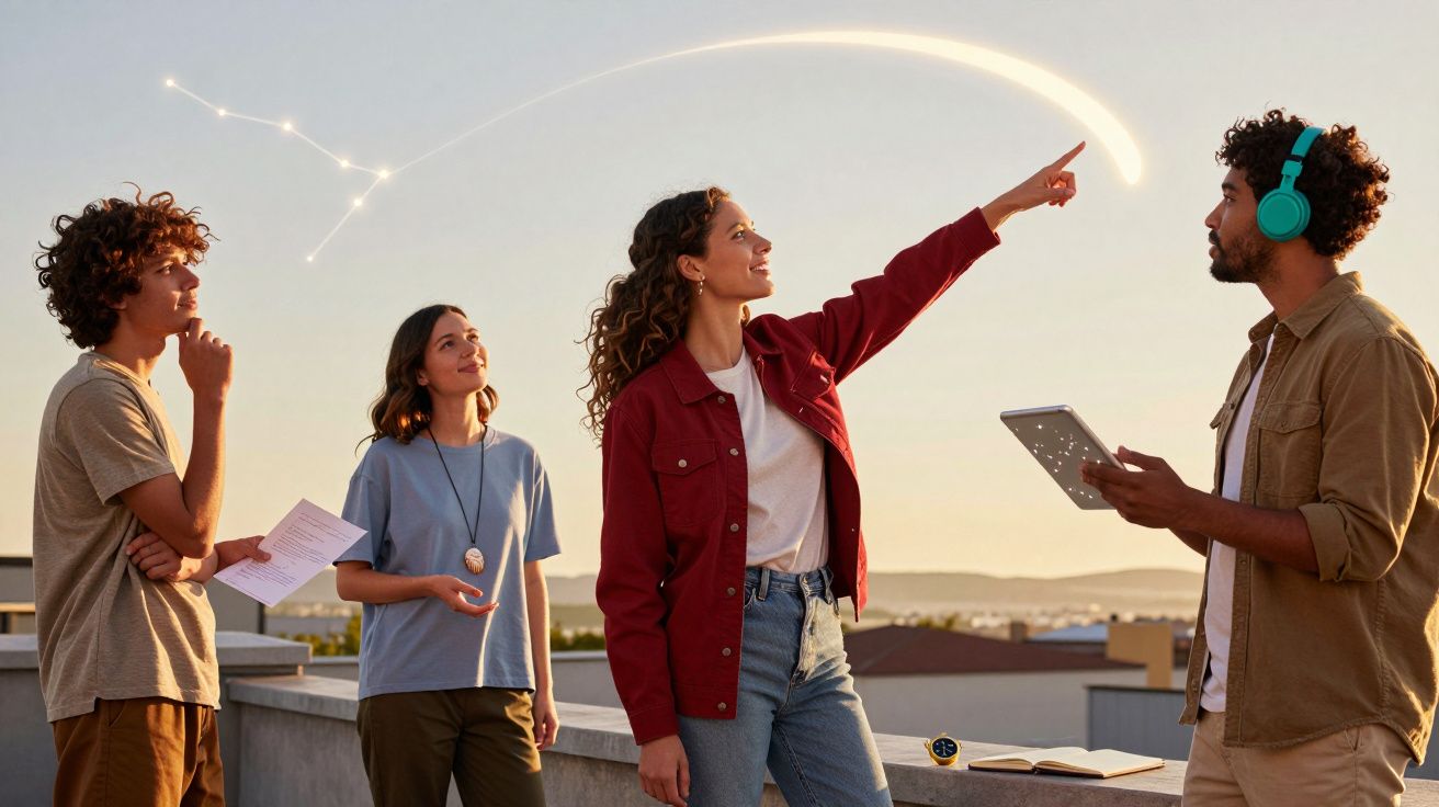 Quatro jovens observam o céu ao pôr do sol, com constelações e uma linha luminosa em destaque.