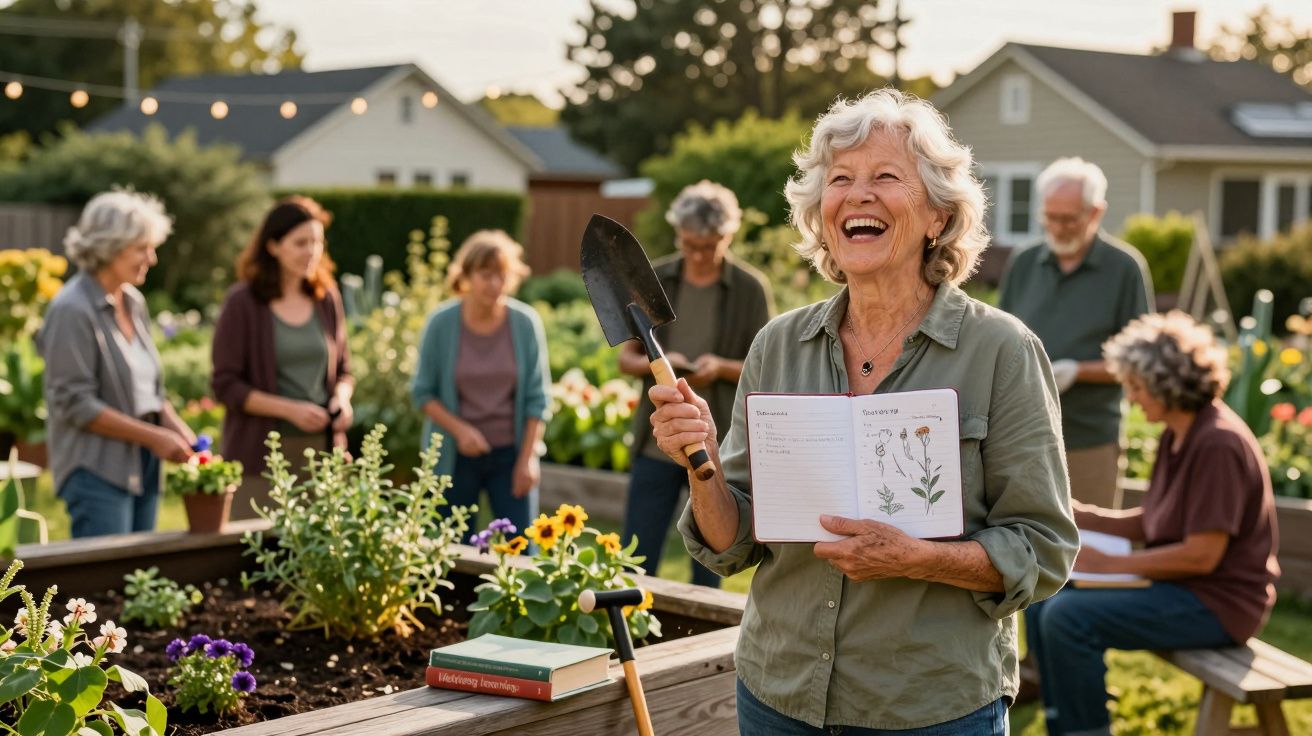 Mulher idosa sorridente a segurar enxada e livro de jardinagem com grupo de pessoas ao fundo num jardim.