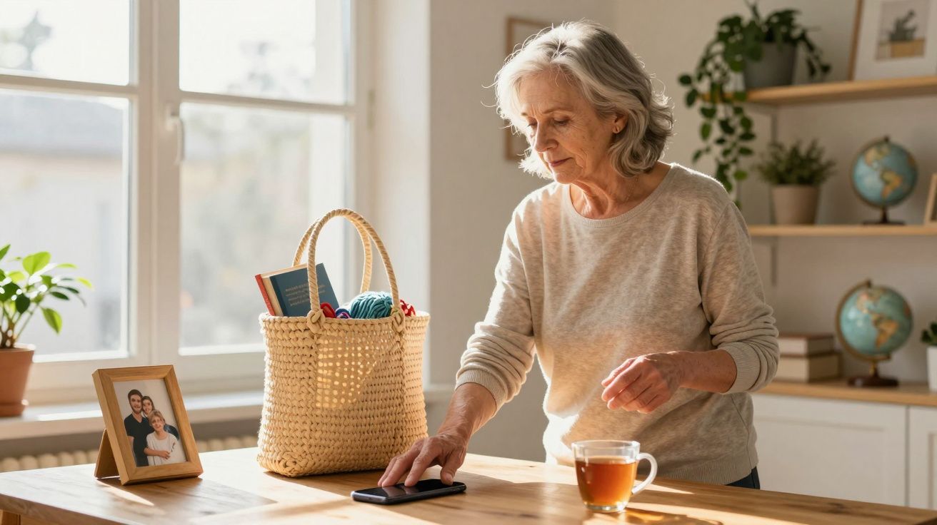 Mulher sénior em casa a apanhar telefone numa mesa com chá, cesta e fotografia de família.