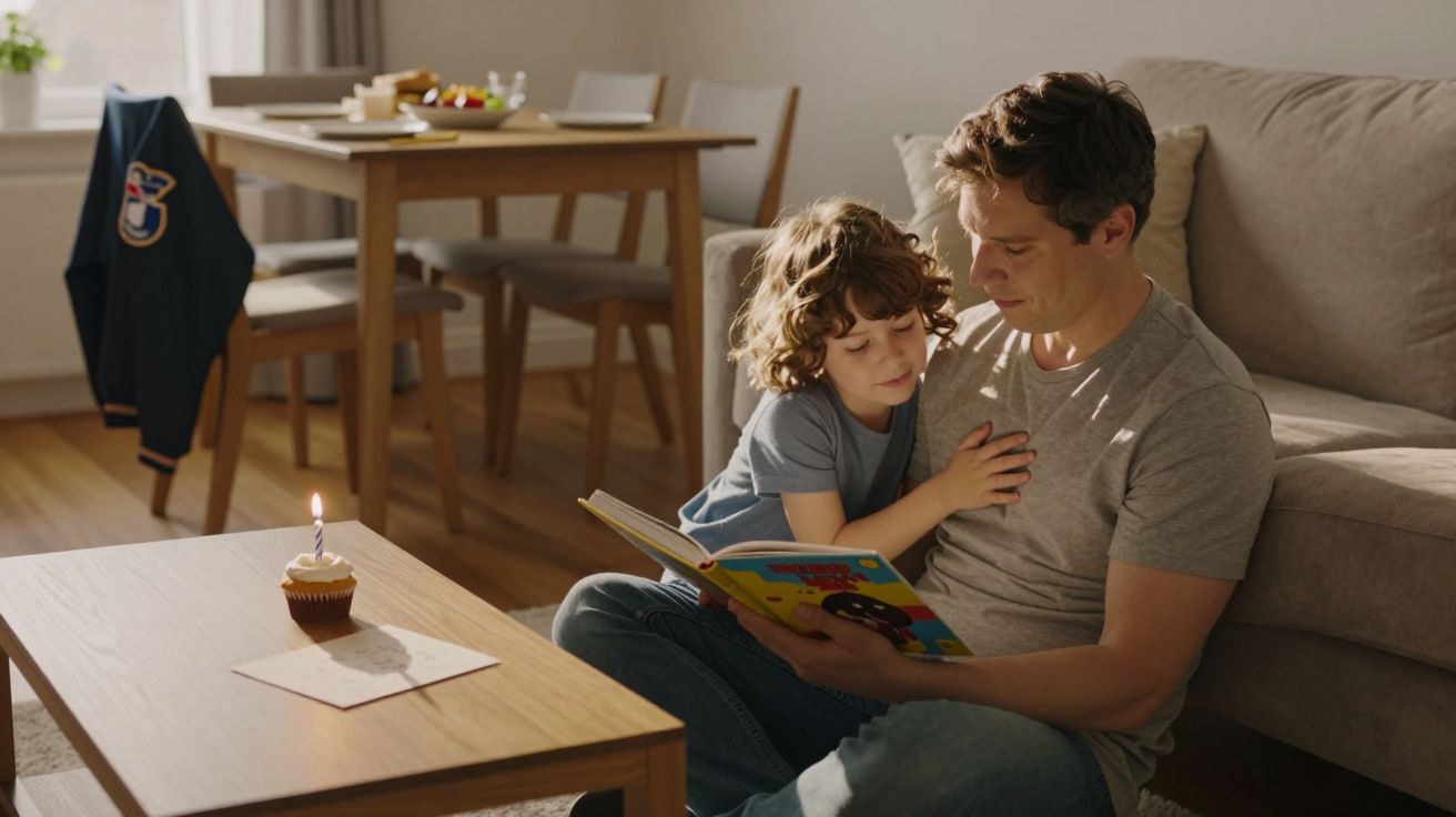 Pai e filho sentados no chão da sala a ler um livro, com um cupcake com vela na mesa à frente.