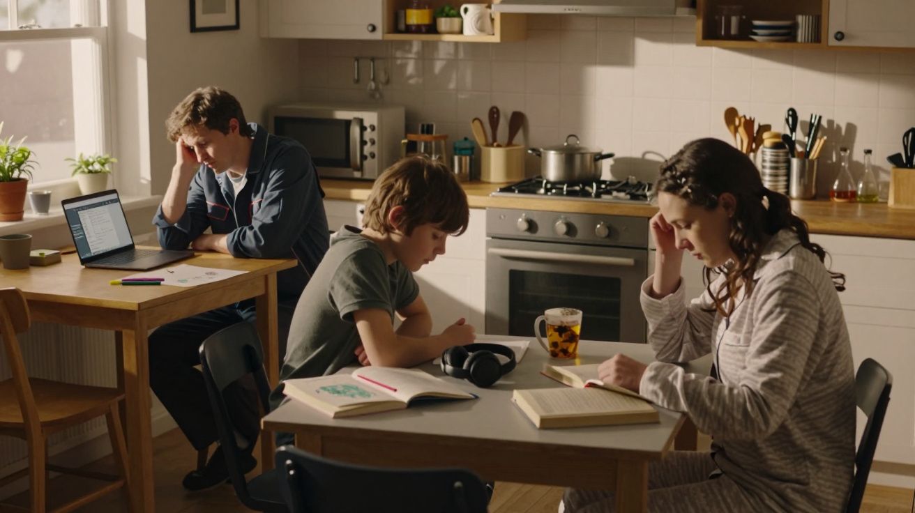 Três pessoas estudam na cozinha, cada uma concentrada em livros e computador.