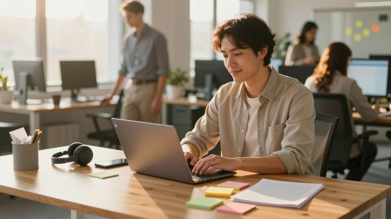Jovem a trabalhar num portátil num escritório moderno com colegas ao fundo e material de escritório na secretária.