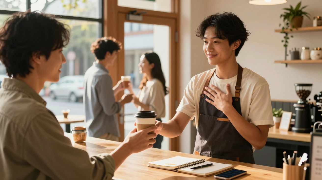 Barista a sorrir entrega café para cliente num café com outras pessoas ao fundo a conversar.