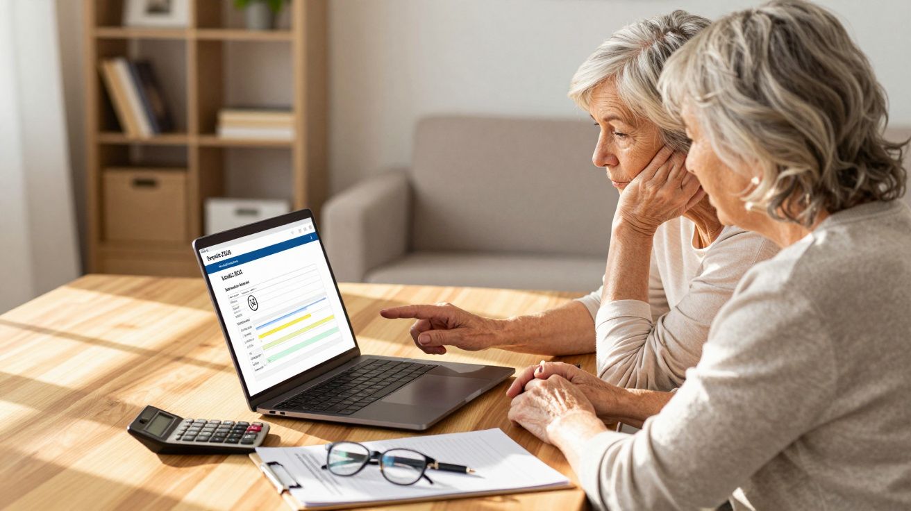 Duas mulheres idosas sentadas a uma mesa, analisando gráficos num computador portátil.