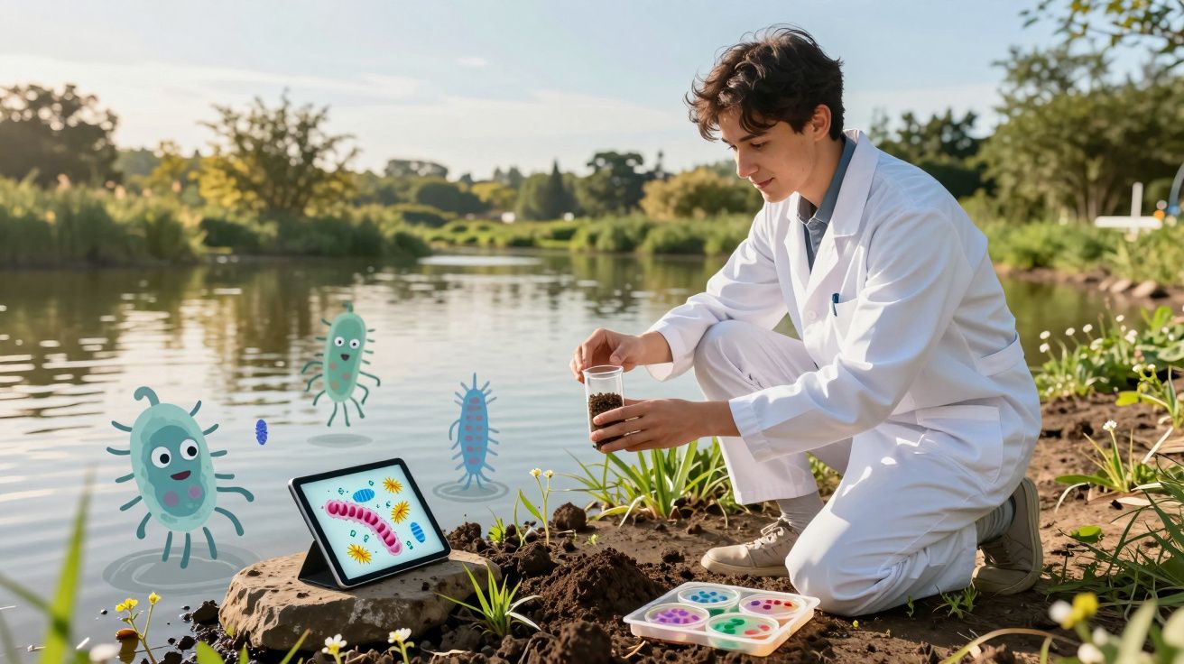 Jovem cientista com bata branca analisa amostras de solo junto a lago, com ilustrações de microrganismos e tablet.