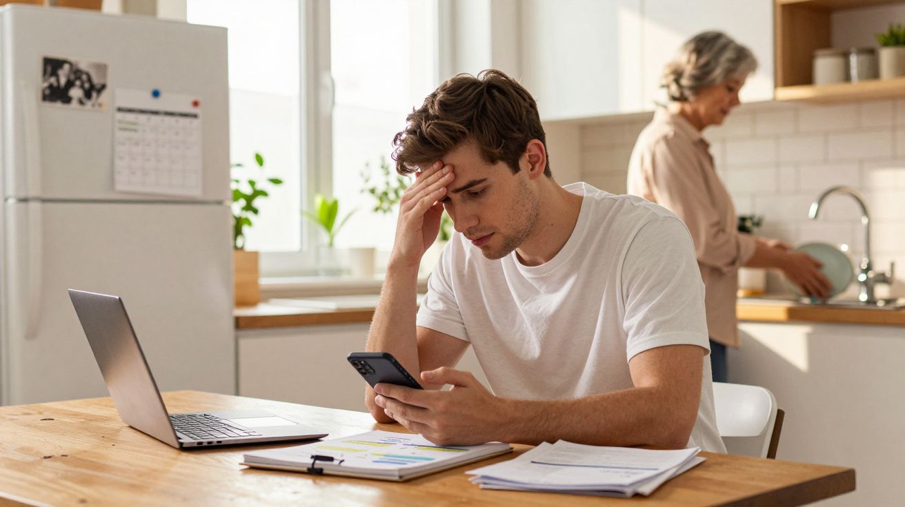 Jovem preocupado consulta o telemóvel sentado à mesa com documentos e computador, com mulher ao fundo na cozinha.