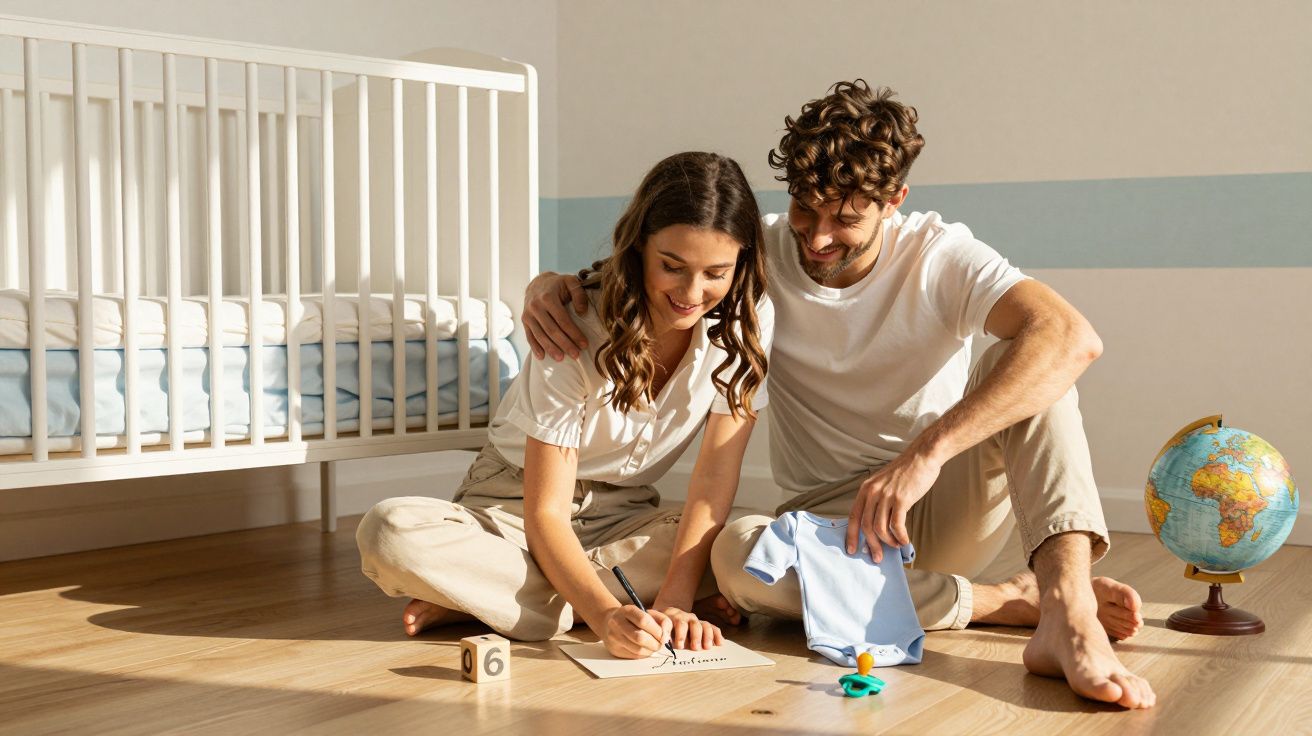 Casal sentado no chão do quarto do bebé, escrevendo e a preparar roupinha azul perto de berço e globo.