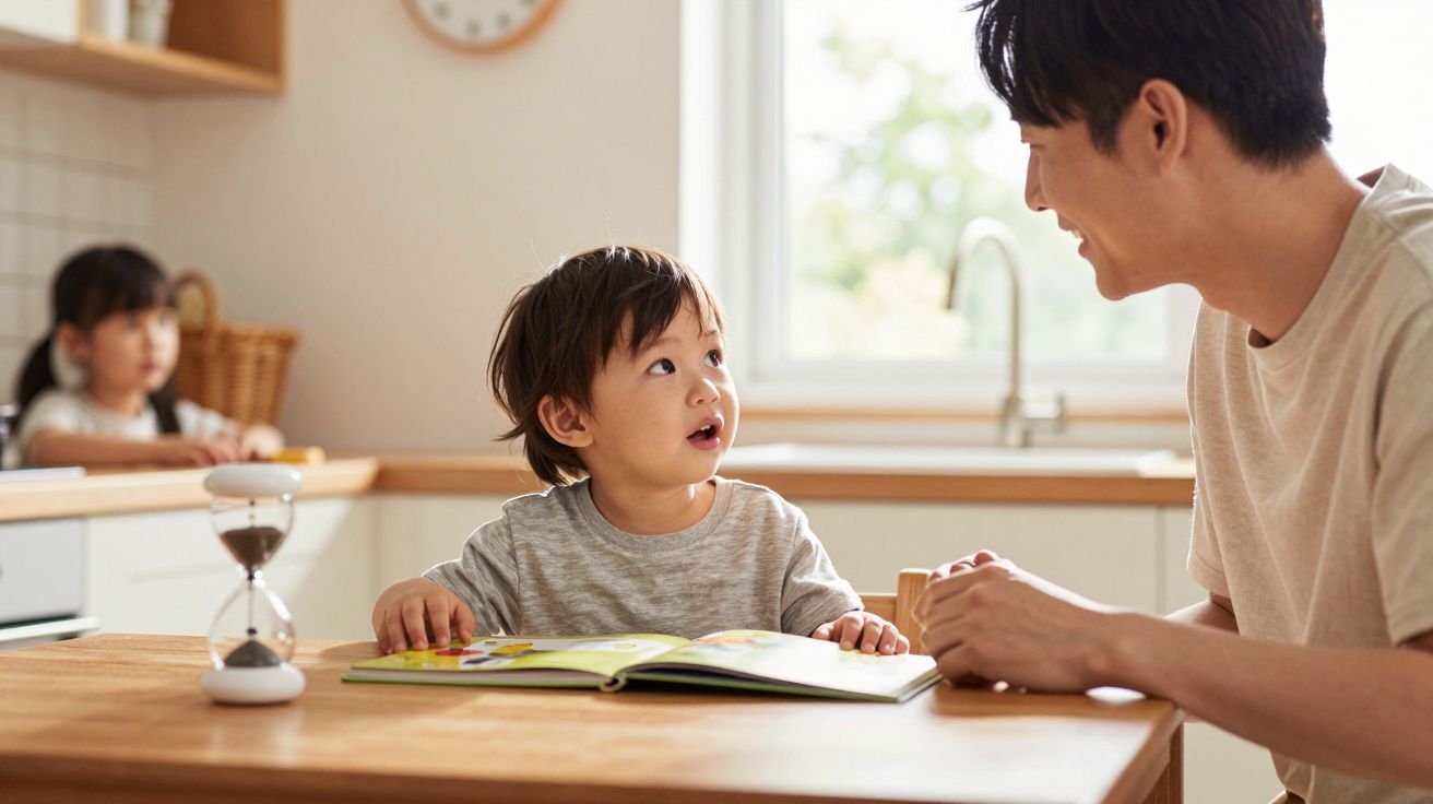 Criança a ler livro junto a adulto numa cozinha, com outra criança ao fundo.