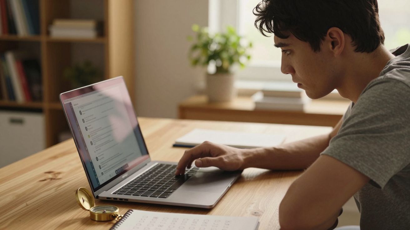 Jovem concentrado a usar computador portátil numa mesa de madeira com caderno e bússola.