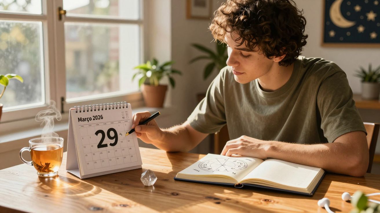 Jovem sentado à mesa risca data 29 de março de 2026 num calendário com chá e livro aberto à sua frente.