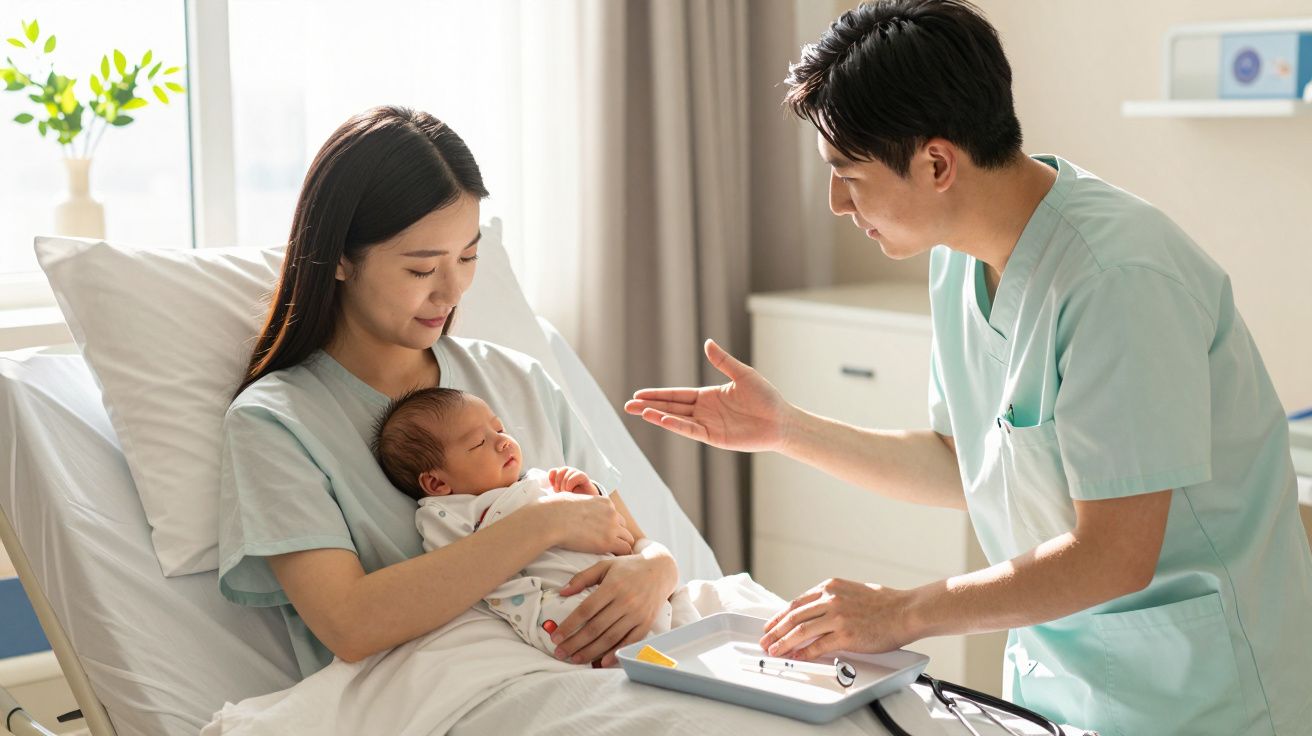 Mãe segurando bebé recém-nascido na cama do hospital, enquanto médico fala com eles.
