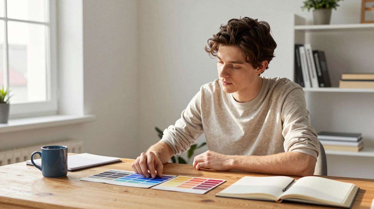 Jovem sentado à mesa a escolher cores numa paleta com caderno e caneca ao lado, em ambiente luminoso.