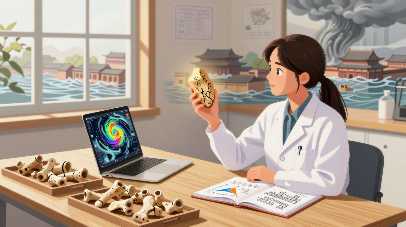 Mulher cientista numa sala a analisar artefactos arqueológicos, com laptop e livro aberto numa mesa.