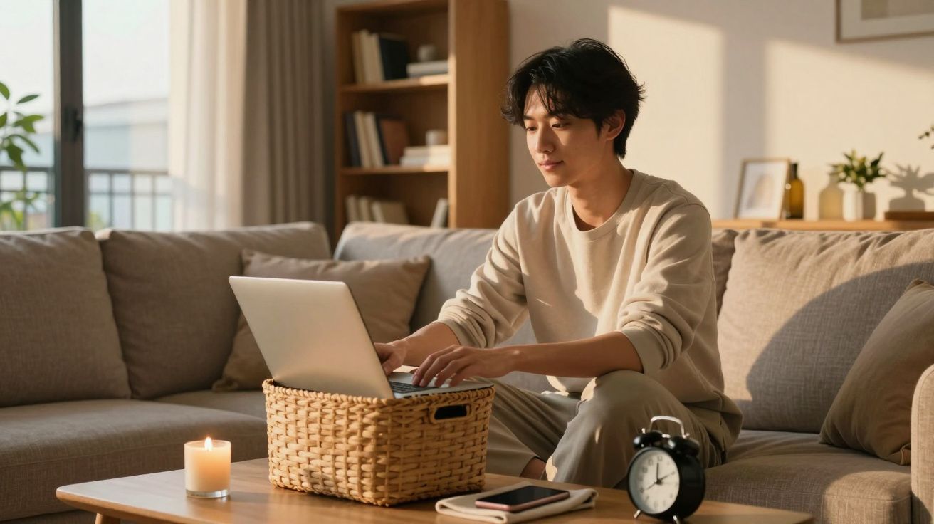 Homem sentado no sofá a usar portátil com vela acesa e relógio numa mesa de madeira à frente.