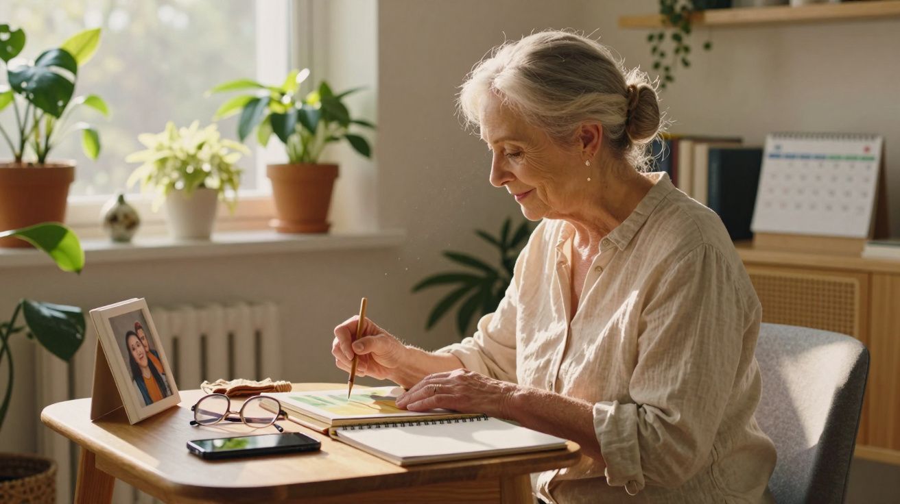 Mulher idosa sentada numa mesa a escrever em caderno, com planta, óculos e fotografia ao lado.