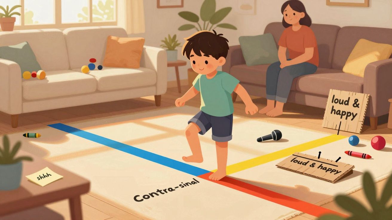 Criança a saltar numa divisão colorida, com mulher sentada no sofá e objetos espalhados pelo chão.