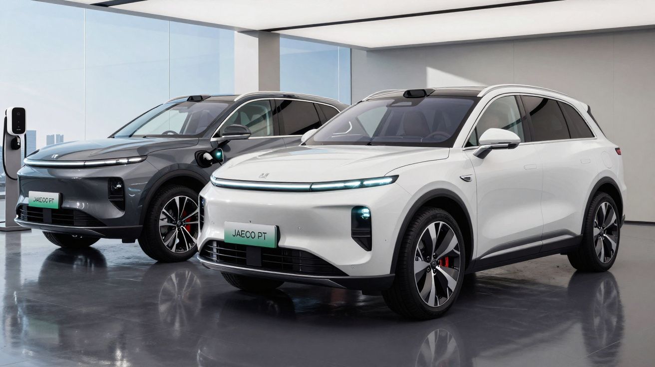 Dois carros elétricos SUV modernos, um branco e outro cinzento, em showroom com carregadores elétricos.