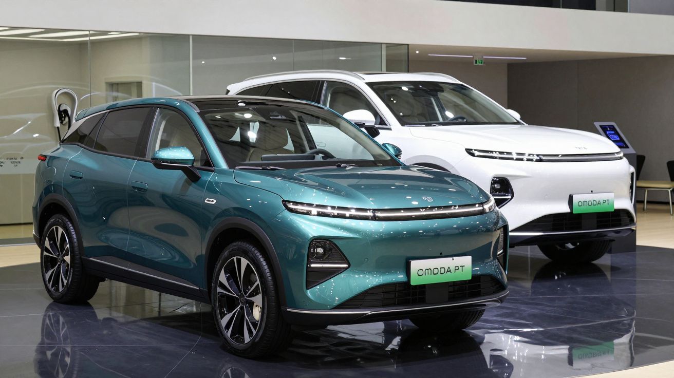 Dois carros elétricos Omoda PT, um verde e outro branco, expostos numa área interior moderna e bem iluminada.