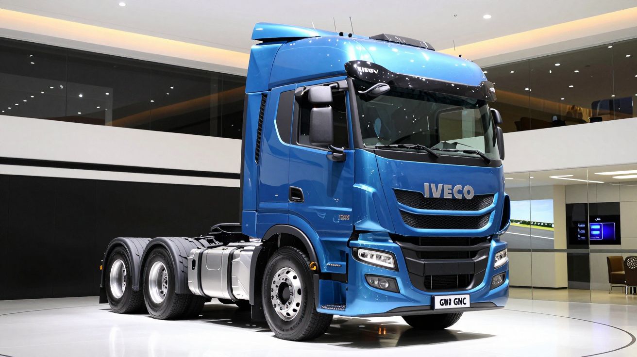 Camião Iveco azul com seis rodas, em exposição num espaço moderno e iluminado interior.