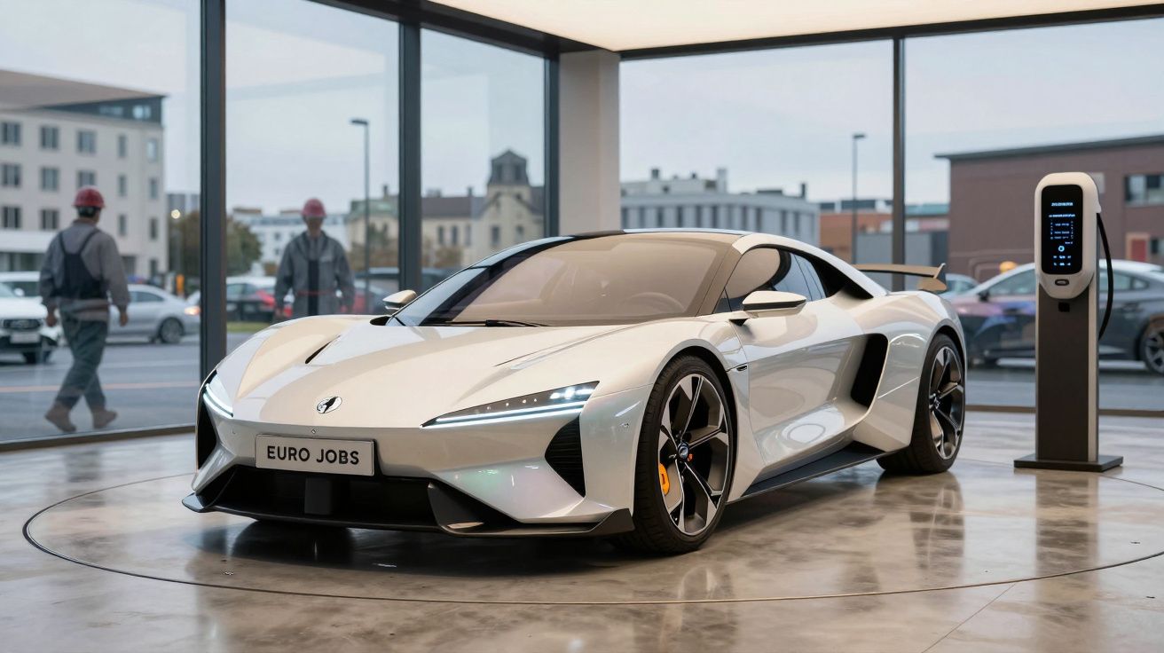 Carro eléctrico desportivo branco estacionado num showroom moderno com carregador ao lado.