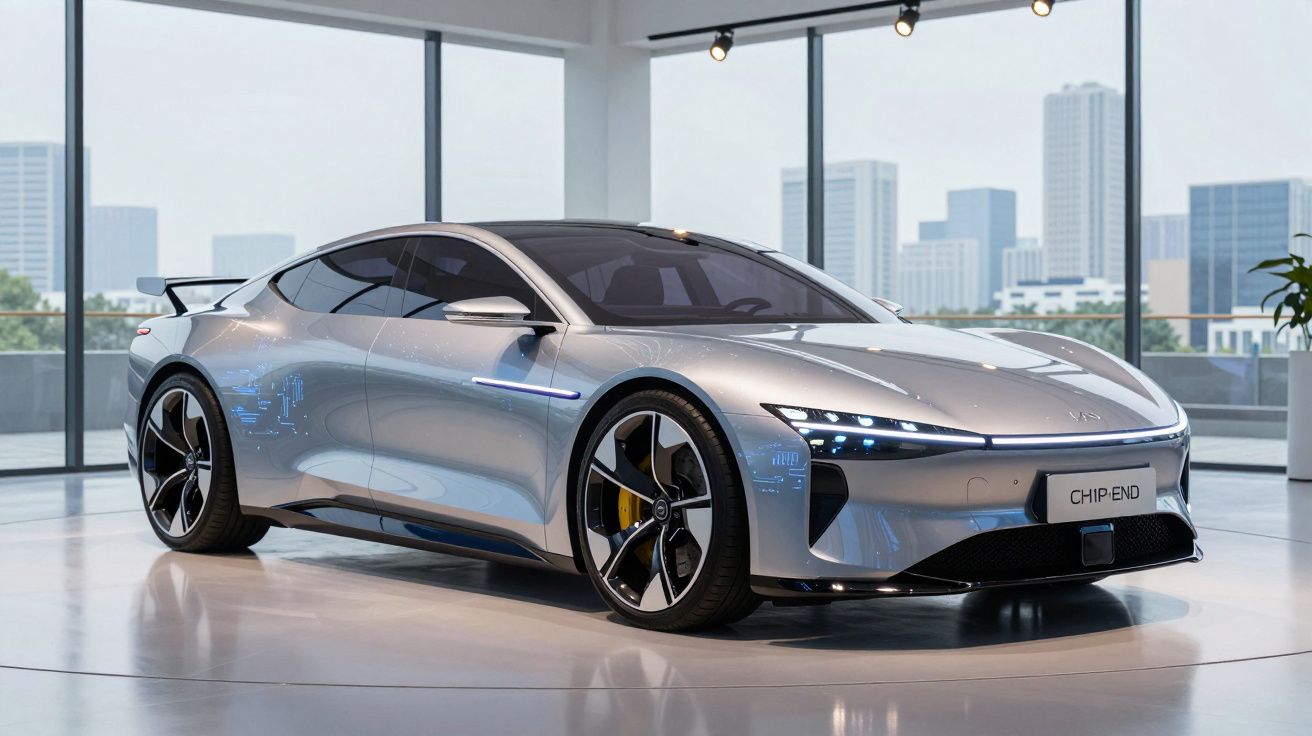 Carro desportivo elétrico cinzento brilhante numa exposição com grandes janelas e cidade ao fundo.