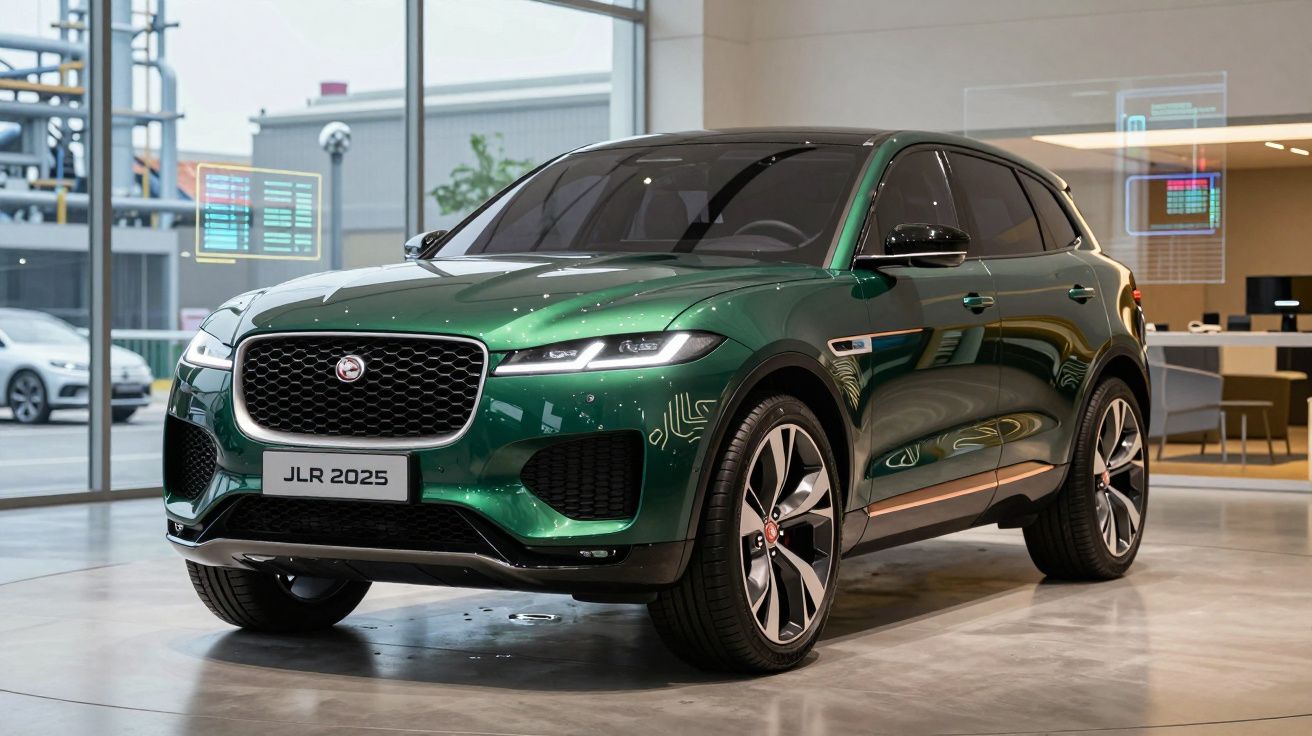 Carro SUV verde Jaguar JLR 2025 estacionado dentro de showroom moderno com janelas de vidro grandes.