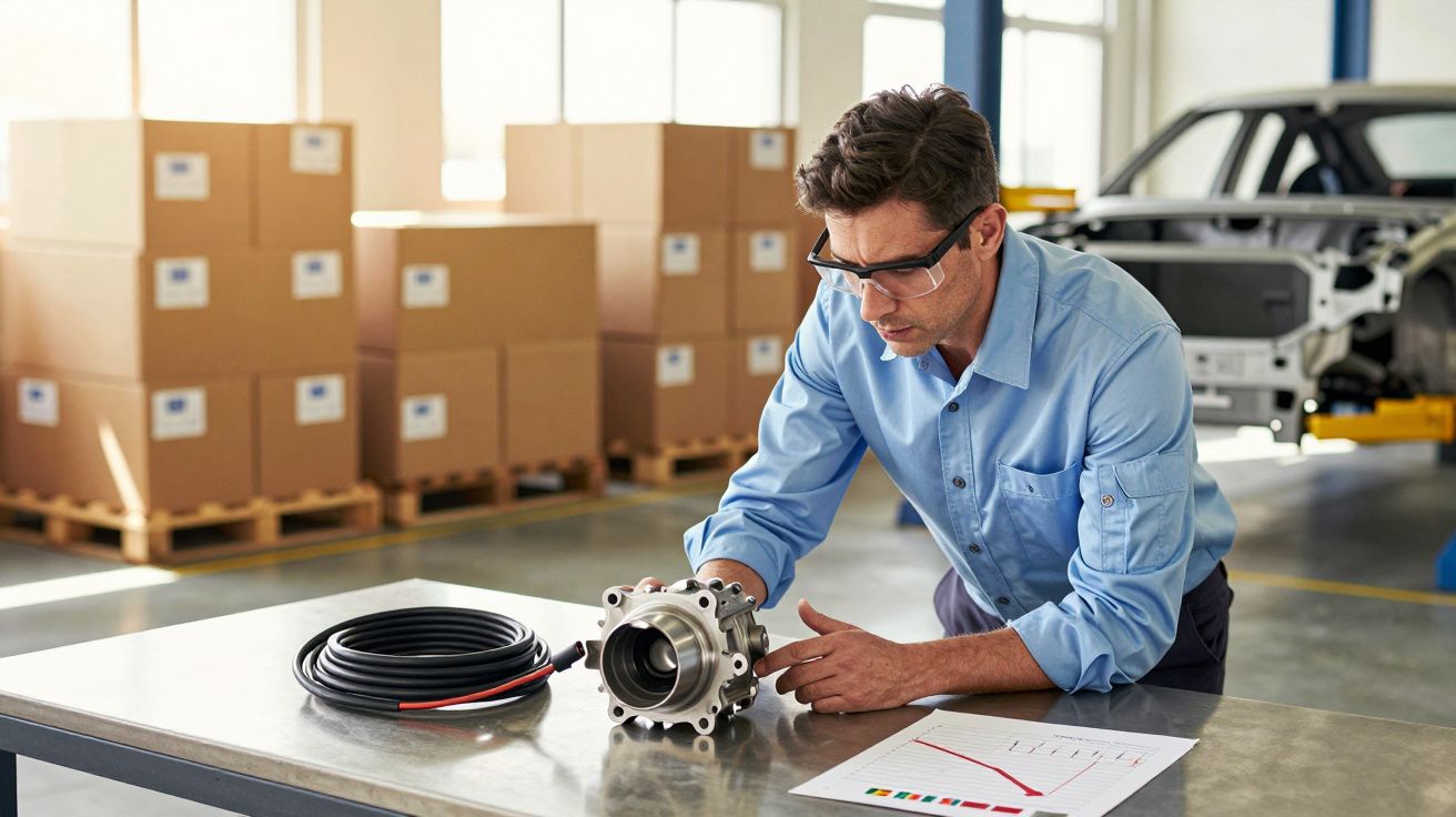 Homem com óculos de segurança examina componente industrial numa mesa numa fábrica ou armazém.