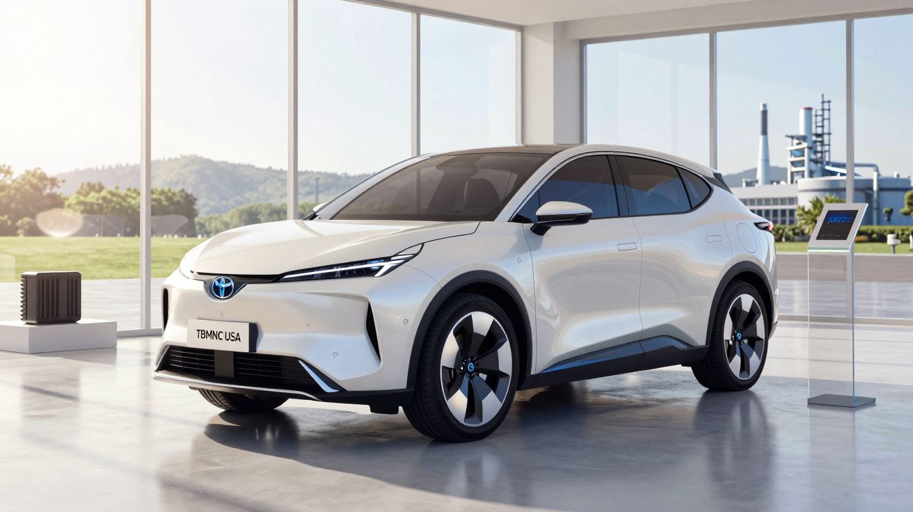 Carro elétrico branco Toyota estacionado numa sala moderna com janelas amplas e vista para paisagem exterior.