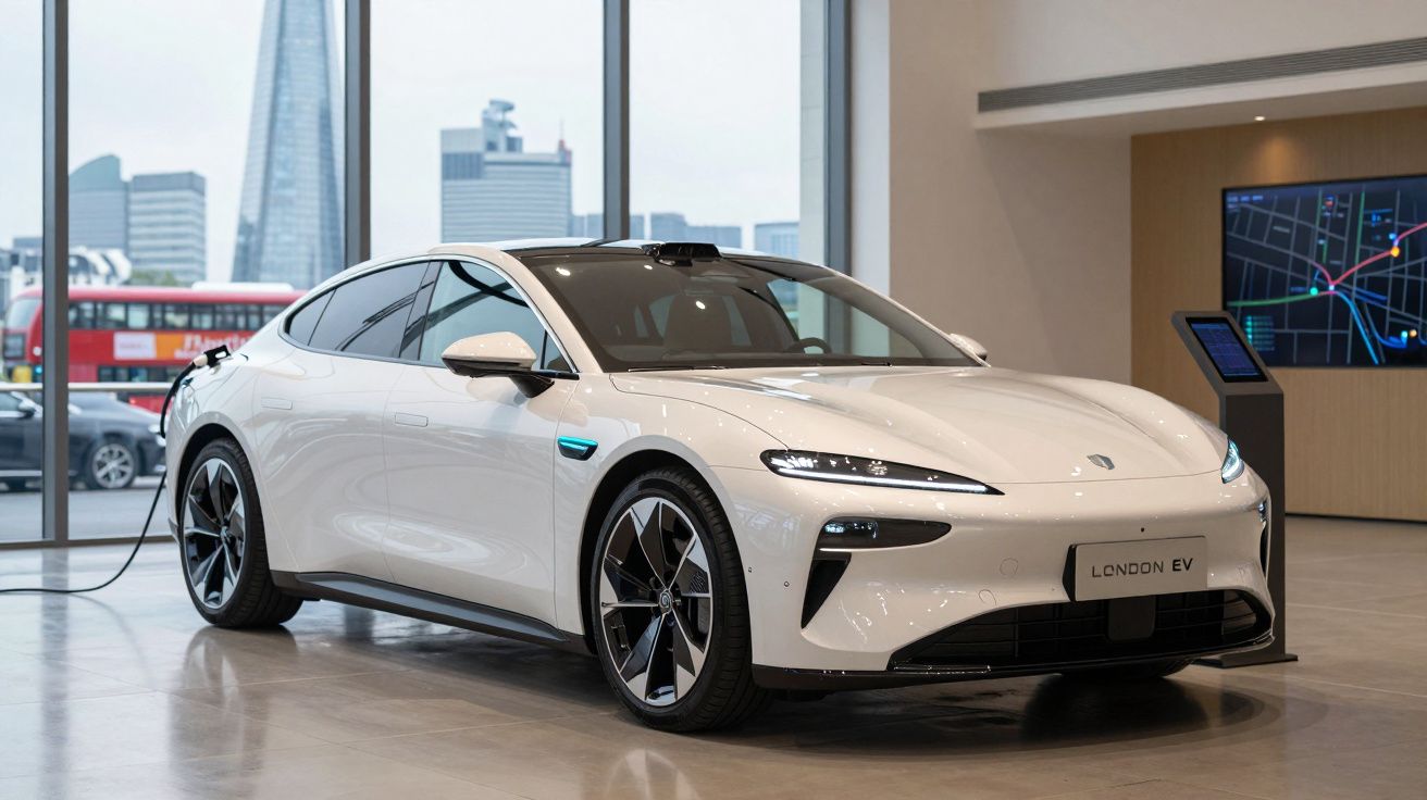 Carro elétrico branco a carregar numa garagem moderna com vista para edifícios altos em Londres.