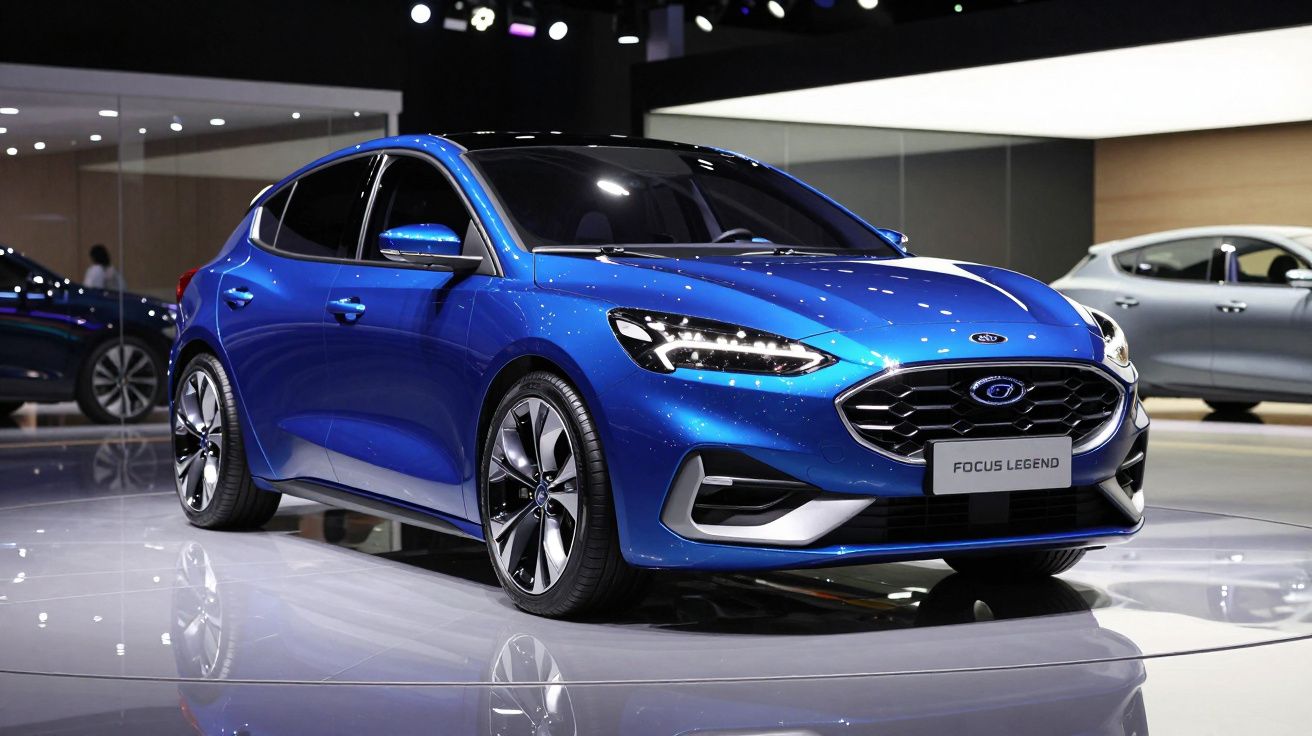 Carro desportivo azul metálico Ford Focus Legend exposto em salão automóvel moderno.