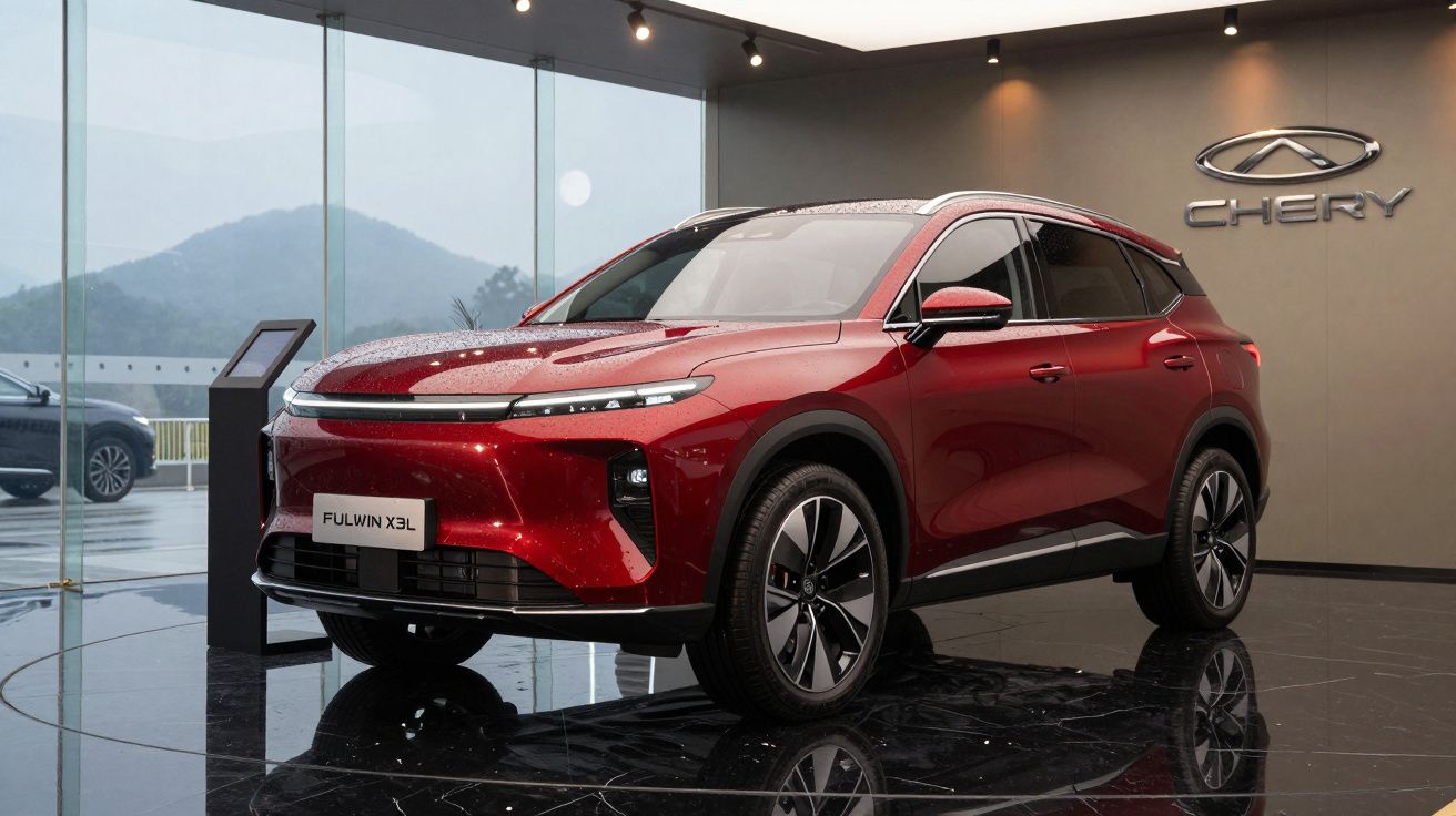Carro SUV elétrico vermelho Chery Fulwin X3L exposto em showroom moderno com piso brilhante e janelas amplas.
