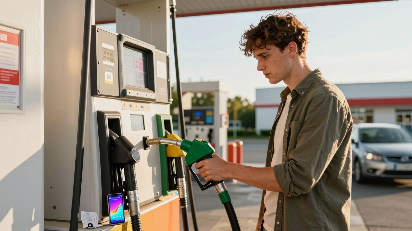 Homem jovem a abastecer gasolina num posto de combustível ao final da tarde.