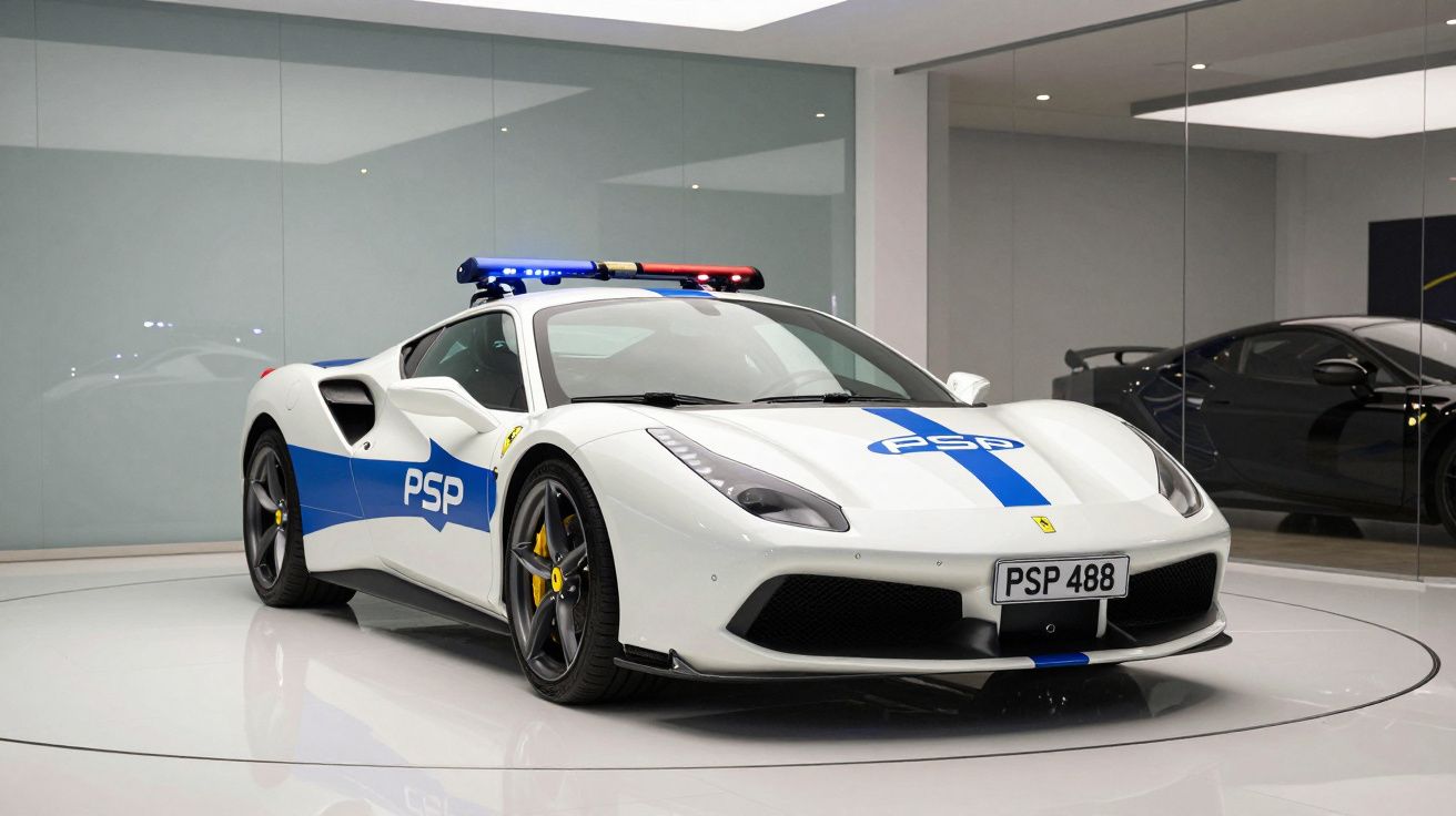 Carro policial desportivo branco com detalhes azuis, luzes no tejadilho e placa PSP 488 numa sala moderna.
